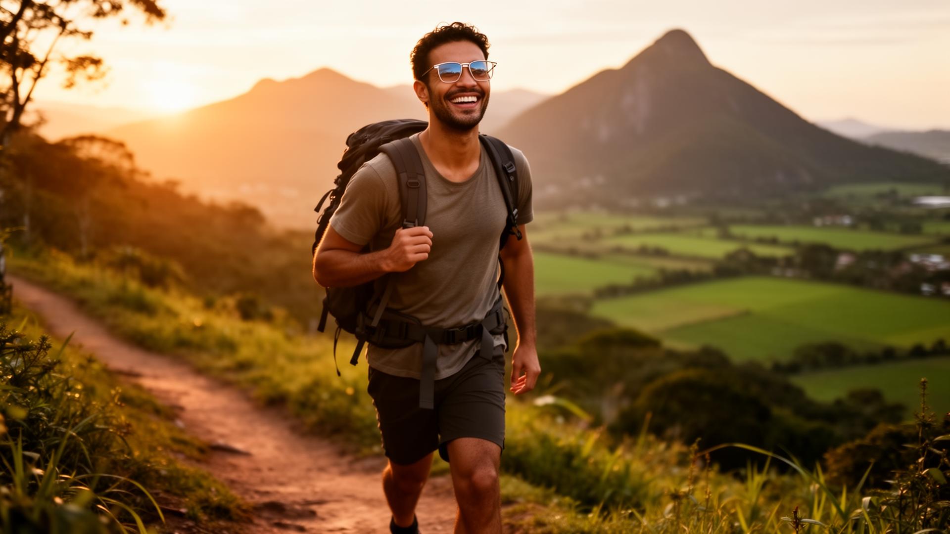 Cliente usando óculos em trilha ao ar livre ao pôr do sol